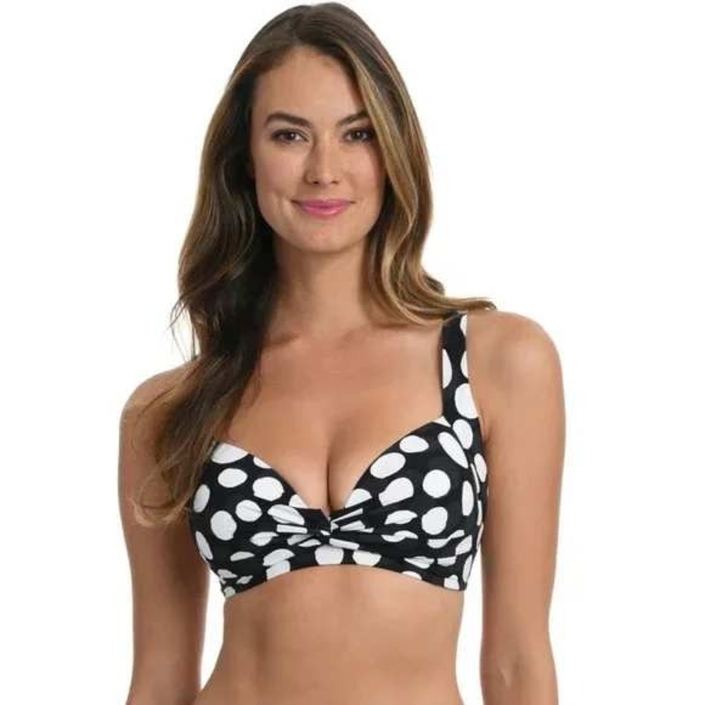 La Blanca Womens Black White Polka Dot Twist Front Halter Bikini Swim Top
